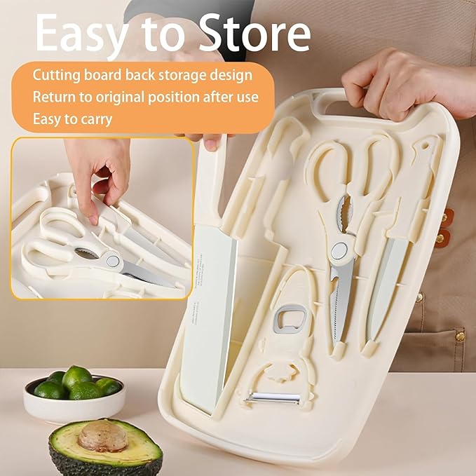 Cutting Board and Knife Set, 5 In1 Travel Cutting Boards And Knife Travel Cutting Board Kitchen Scissors and Peeler For Kitchen (Yellow)