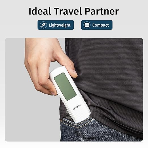 INFOOD Battery-Free Digital Luggage Scale, Suitcase Scale for Travel, Portable Luggage Weight Scale with Hook & LCD Display for Luggages, Packages & Bags, 110lb/50kg Handheld Scale, White