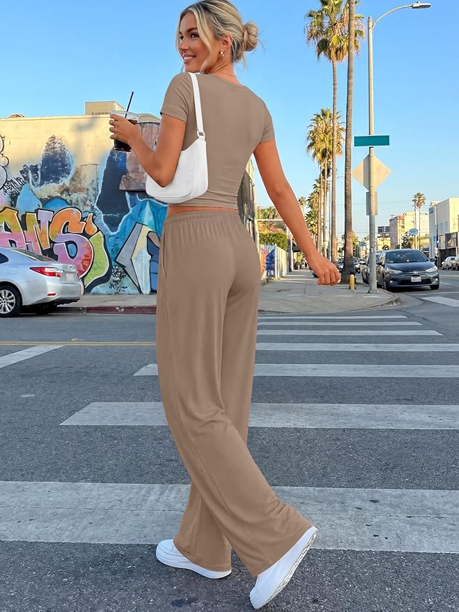 Trendy Queen 2 Piece Matching Summer Lounge Set Womens Side Ruching Top Wide Leg Pants Sets with Pockets