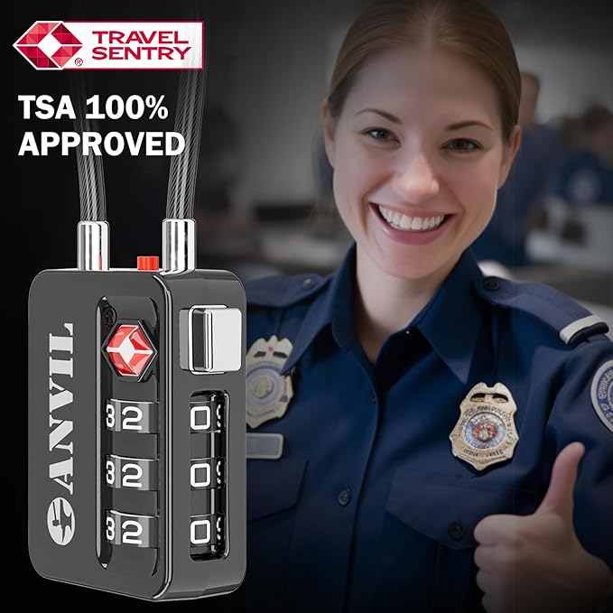 ANVIL TSA Locks for Luggage with Search Alert: Durable Cable Combination Locks, TSA Approved - Secure Travel Locks for Suitcases, Backpacks & Gun Cases (4, Black)