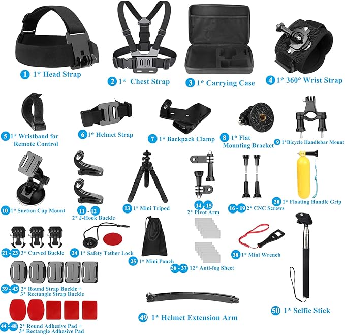 Action Cameras Accessory Kit, Bonvvie 50-in-1 Sports Camera Accessory Kit Compatible with Hero 13/12/11/10/9/8/7 Black, Max/Fusion, Insta360 Osmo Action SJCAM SJ6000 SJ5000 Campark REMALI