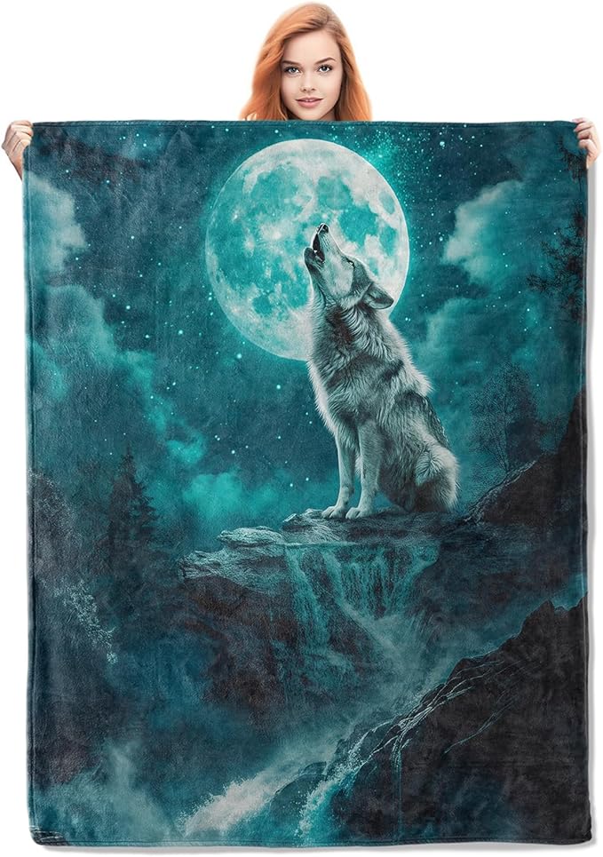 Wolf Blanket, Wolf Howling Flannel Throw Blankets,Soft Warm Lightweight Cozy Plush Animal Moon Throws for Bedroom Sofa Office Home Decor Gifts for Adults Men Kids Girls 60"x50"