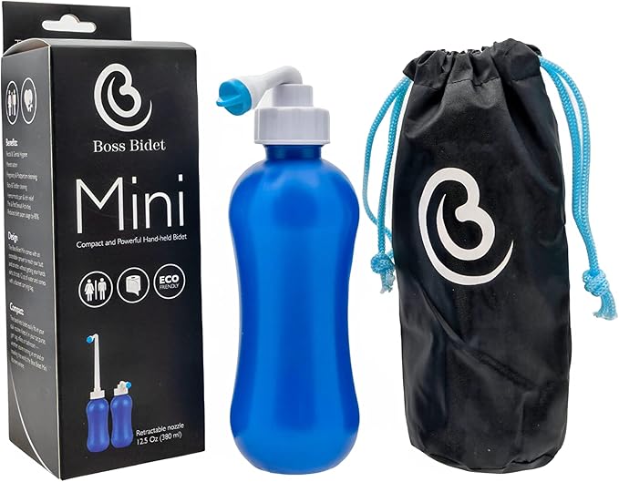 Boss Bidet Mini : The Essential Personal Hygiene and Postpartum Cleaning Spray - Portable Peri Bottle for Women on the Go, Angled Retractable Nozzle, Discrete Bag, Compact 12.5 oz 380 ml Blue