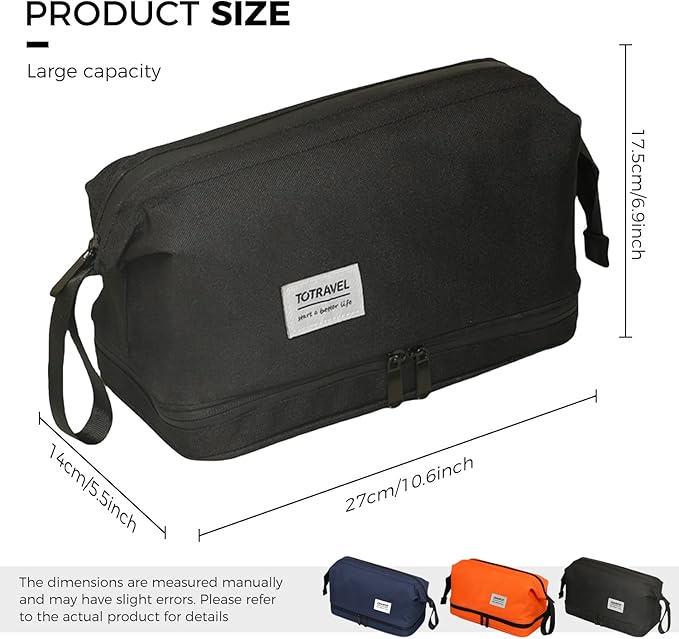 SINLAND Travel Toiletry Bag Water-resistant with Hanging Hook for Mens Large Packing with Waterproof Wet/Dry Compartment Travel Shower Bags Travel Toiletry Organizer Dopp Kit Shaving Bag