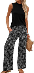 WIHOLL Two Piece Set for Women Summer Spring Outfits Cruise Travel Airport Beach Vacation Mock Neck Wide Leg Pants Set