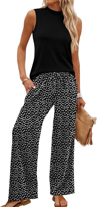 WIHOLL Two Piece Set for Women Summer Spring Outfits Cruise Travel Airport Beach Vacation Mock Neck Wide Leg Pants Set