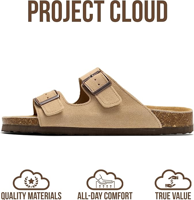 Project Cloud 100% Genuine Leather Flat Sandals For Women 2026 Cork Footbed Womens Sandals with Memory Foam and arch support Vacation Essentials Slides for Women Footwear (Venita)