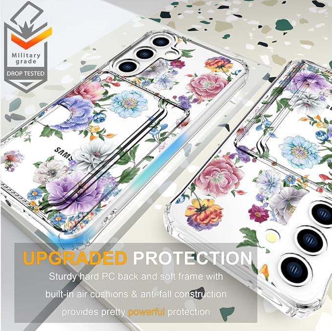 Compatible with Samsung Galaxy S24+ Plus / S25+ Plus Case Card Holder for Women Cute Design,Wallet Phone Cases Transparent Cool Kawaii Protective (Clear Amazing Lovely Flowers)