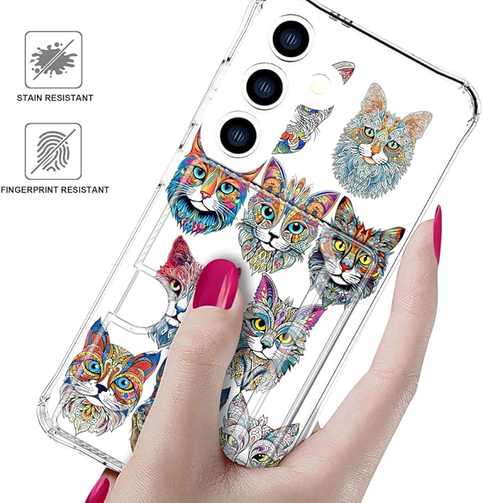 Compatible with Samsung Galaxy S24+ Plus / S25+ Plus Case Card Holder for Women Cute Design,Wallet Phone Cases Transparent Cool Kawaii Protective (Clear Tattoo Cats Animal)