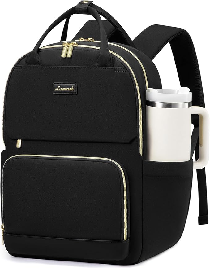 LOVEVOOK Laptop Backpack for Women with Giant Tumbler Holder Pocket, 15.6 inch Travel Work Backpack Purse for Teacher Nurse, Waterproof College Book Bag Cute Casual Daypack, Black