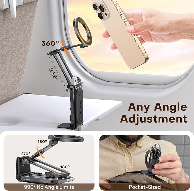 OMOTON TP02 360°Rotating for MagSafe Tripod, Adjustable Aluminum Magnetic Phone Tripod for iPhone 17/16/15/14 Pro Max Air, Foldable Cell Selfie Stick Fits Vlog, Gym, Travel Essentials, Black& Black