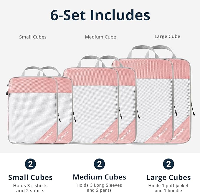 NICOSHOW Compression Packing Cubes 6 Set, Compressible Space-Saving Packing Cubes for Travel - Compression Bags, Luggage Organizer, Travel Essentials for Women, Pink