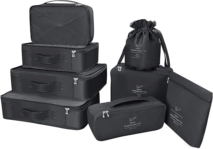 Packing Cubes 8 Sets/7 Colors Travel Luggage Organizers Include Waterproof Shoe Storage Bag Convenient Packing Pouches for Traveller (Black)