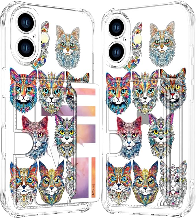 Compatible with iPhone 16 Case Card Holder for Women Cute Design,Wallet Phone Cases Transparent Cool Kawaii Protective (Clear Tattoo Cats Animal)
