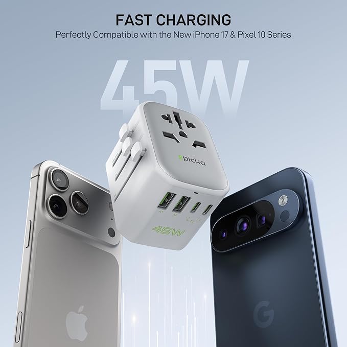 EPICKA Pulse 45W International Power Adapter, Universal Travel Adapter with PD Fast Charging, 5-Port (1 AC/2 USB-A/2 USB-C) European Travel Plug Adapter, Travel Essentials (White)