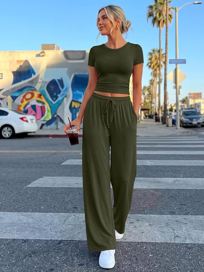Trendy Queen 2 Piece Matching Summer Lounge Set Womens Side Ruching Top Wide Leg Pants Sets with Pockets