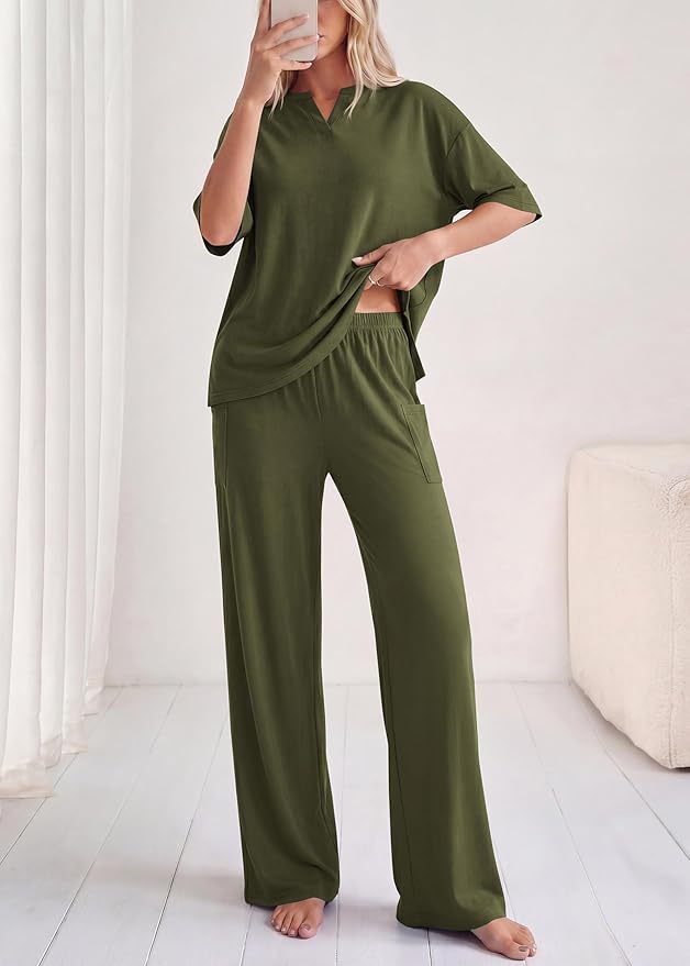 KIRUNDO Womens 2 Piece Matching Lounge Set Airport Travel Vacation Summer Outfits Oversized Short Sleeve Tops Wide Leg Pants