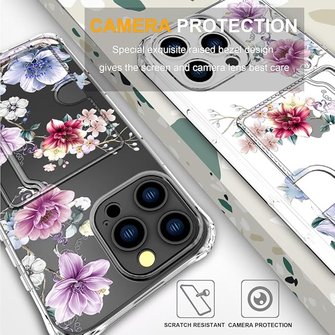 Compatible with iPhone 16 Pro Case Card Holder for Women Cute Design,Wallet Phone Cases Transparent Cool Kawaii Protective (Clear Wonderful Large Flowers)
