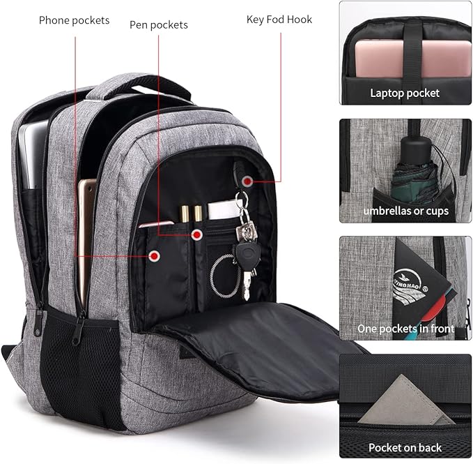 Monsdle Travel Laptop Backpack Anti Theft Backpacks with USB Charging Port, Travel Backpacks Business Work Bag 15.6 Inch College Computer Bag for Men Women, Grey