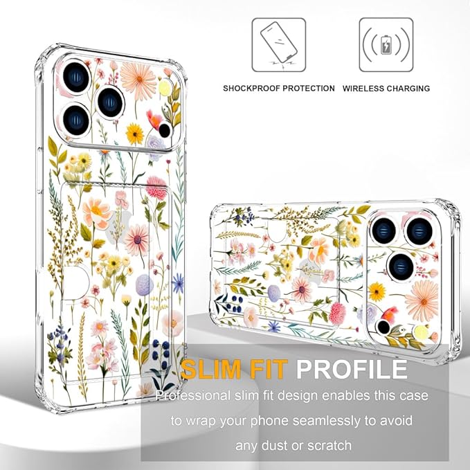 Compatible with iPhone 17 Pro Case Card Holder for Women Cute Design,Wallet Phone Cases Transparent Cool Kawaii Protective (Clear Watercolor Floral)