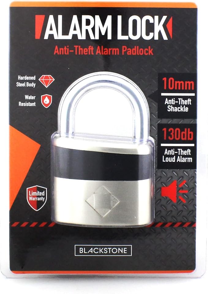 Blackstone Anti-Theft Loud 130db Alarm Padlock Weather Proof Heavy Duty Multi Purpose (10mm Shackle)