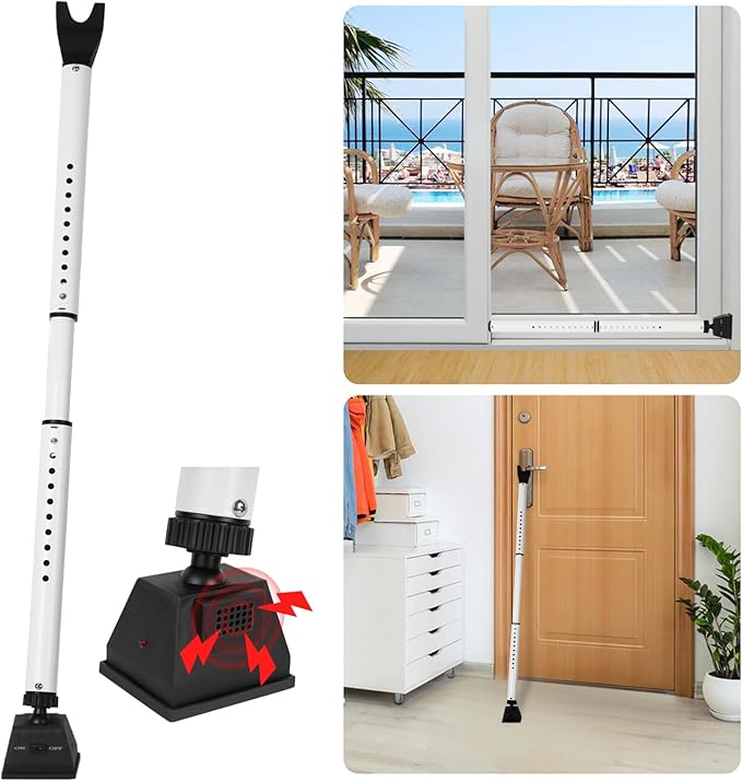 Security Door Stopper with Alarm & Sliding Patio Bar, 120db Loud Alert Adjustable Security Jammer Door Security Bar Window Child Proof Heavy Duty Door Stoppers for Home Apartment Travel - White