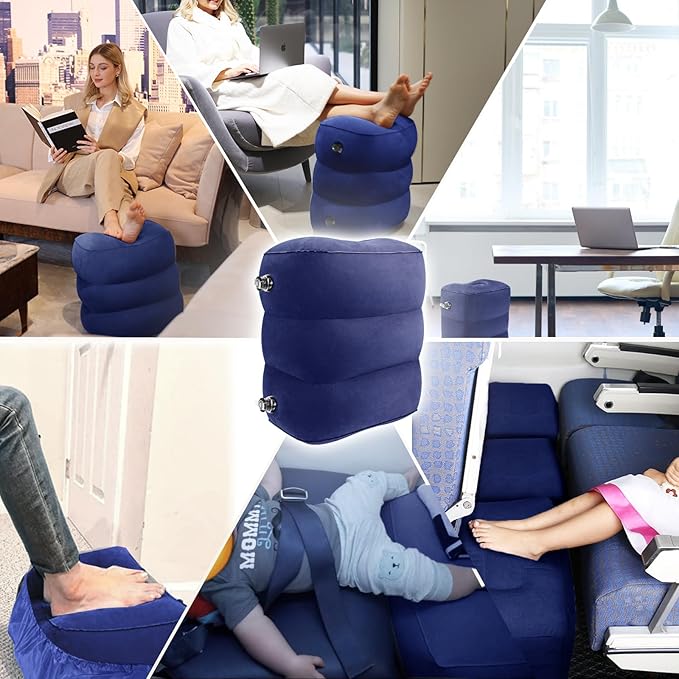 HOMCA Inflatable Travel Foot Rest Pillow (2-Pack) Adjustable Height Leg Pillow Fast Inflating Airplane Bed for Toddlers Footrest Pillow for Office, Airplane, Train, Cars, Home (Blue)