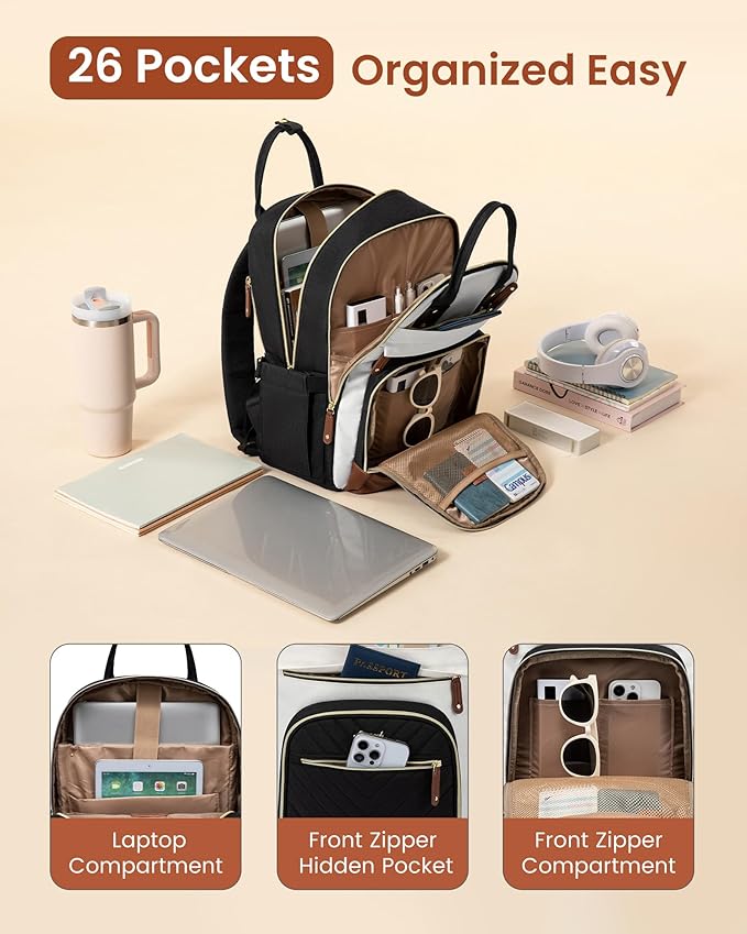 LOVEVOOK Laptop Backpack for Women with Giant Tumbler Holder Pocket,18.4 inch School College Book Bag Nurse Teacher Backpack,Waterproof Work Travel Backpack Purse Laptop Computer Bag,Beige-Black-Brown