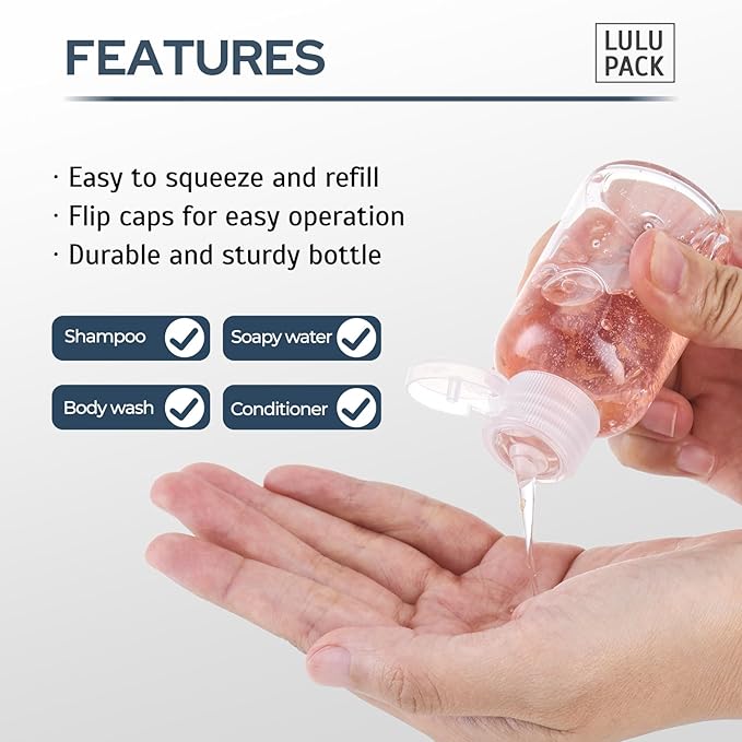 Lulupack Travel Bottles for Toiletries 1.6 oz - Travel Size Shampoo and Plastic Containers Tsa Approved - Empty Squeeze Sanitizer Lotion Toiletry - Refillable Hand Liquid Mini Bottles Clear 9PCS