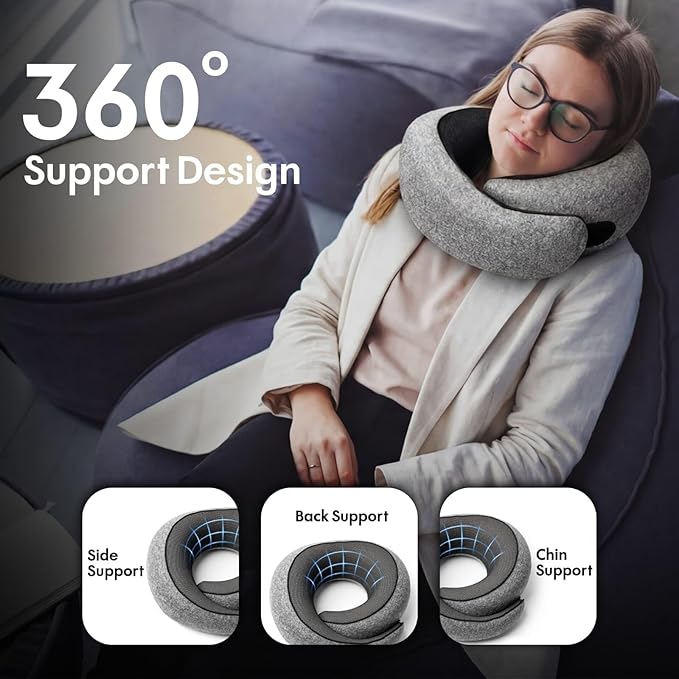 Travel Neck Pillow 100% Memory Foam, Ergonomic 360° Support Pillow for Flights, Car, Office & Train, Breathable Travel Essentials for Adults & Kids, Neck Pain Relief, (GREY)