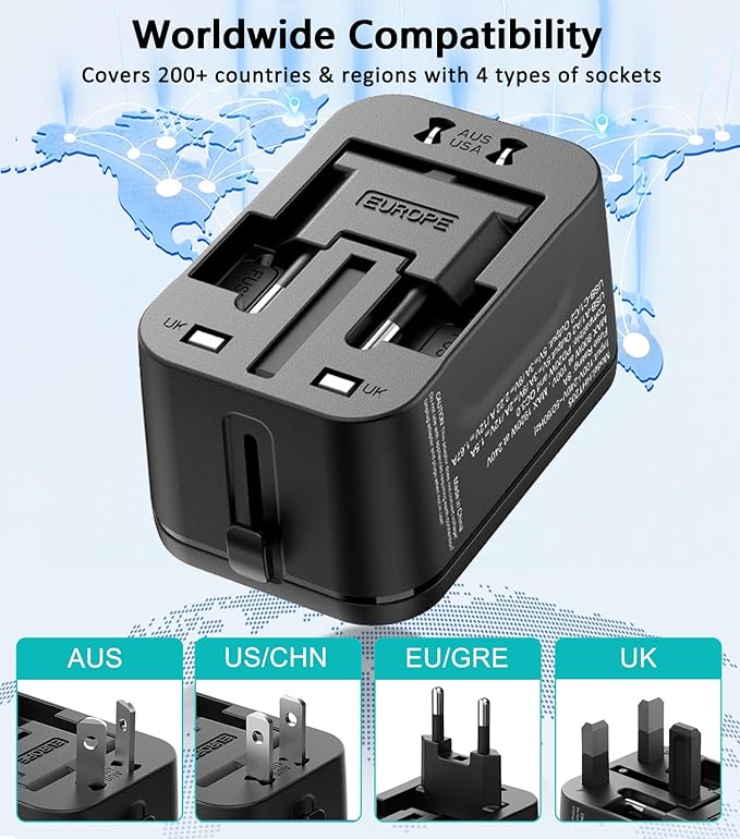 Universal Travel Adapter Worldwide, European Travel Plug Adapter with 2 USB C, 2 USB A and Multi AC Outlets, International Power Adaptor for EU US UK AUS 200+ Countries, Travel Essentials