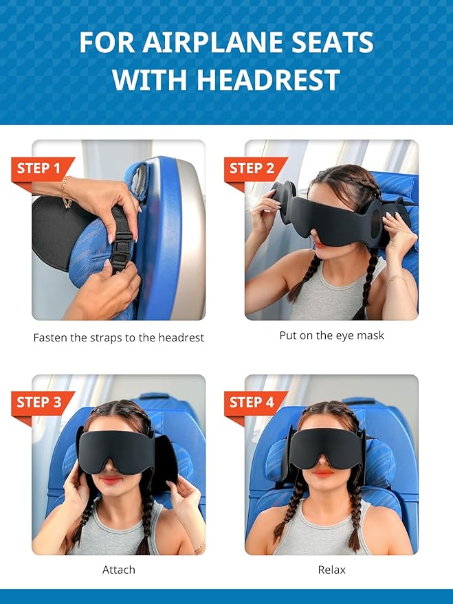 SARISUN Travel Pillow for Airplanes, Upgraded Airplane Pillow with 3D Eye Mask and Ear Cover for Long Flight, 360° Support Sleep Head Hold, Flight Essentials Plane Headrest, Stop Bobblehead, Black