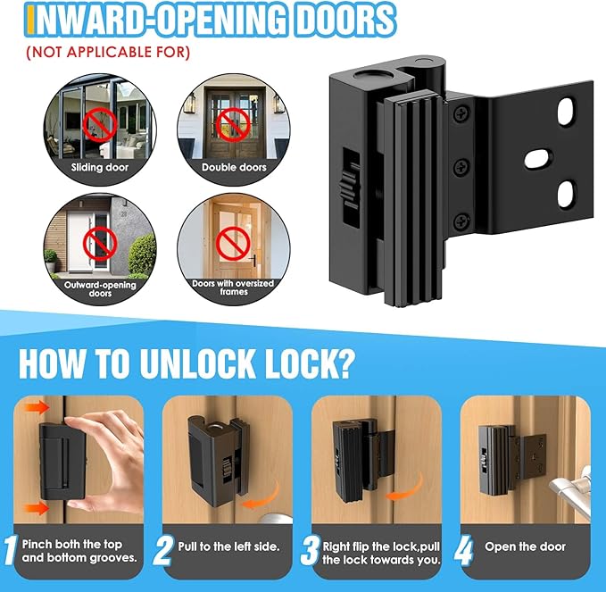 Door Reinforcement Lock 800lbs Security Lock, Heavy Duty Aluminum Alloy Deadbolt For Inward Swinging Doors, Anti-Kick Home Safety With 8 Screws For Apartment, Bedroom, Hotel (2, Black - Screw-mounted)