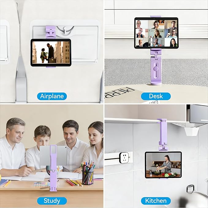 Airplane Tablet Holder Mount, Travel Essential Handsfree Tablet Stand for Flying with Multi-Directional 360 Degree Rotation, Compatible with iPad/Galaxy Tabs, Only Fits 7–11" Tablets (Purple)
