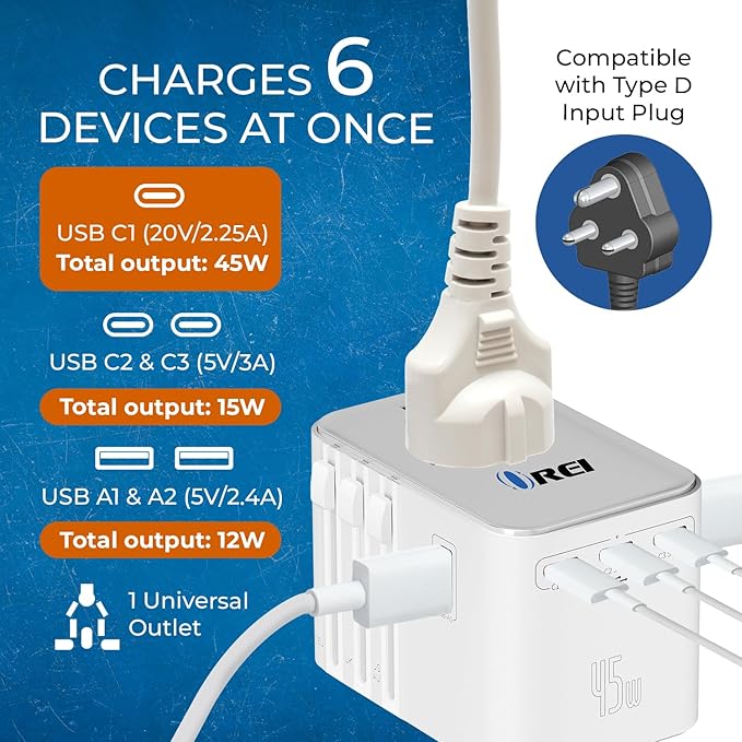 OREI 45Watt Universal Travel Adapter | 3X USBC 2XUSB A - 6-in-1 Universal Power Adapter | Universal Chargers for All Devices Compatible 150+ Countries | Type C, A, G, I Compatible