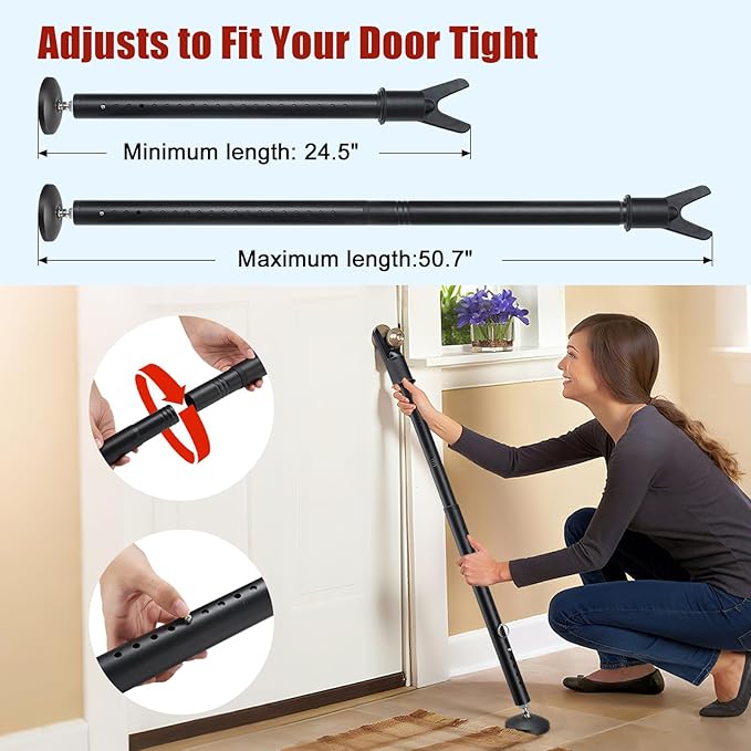 2 Pack Door Security Bar – Anti-Slip 600LB Heavy Duty Door Stopper Jammer Stick, Adjustable 24.5-50.7'',Portable Travel Safety Lock Blocker for Home, Apartment, Hotel, Front & Sliding Doors