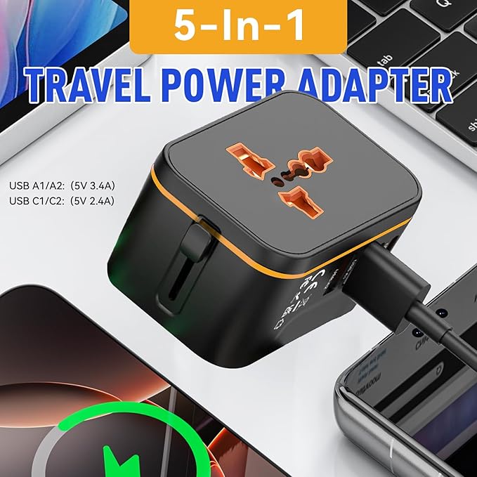 Universal Travel Adapter, Worldwide Wall Travel Plug, 2 USB C, 2 USB A and 1 Multi AC Outlets Travel Charger, International Power Adapter, European Power Plug for EU UK USA AU, Travel Essentials