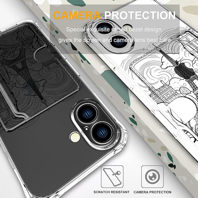 Compatible with iPhone 17 Case Card Holder for Women Cute Design,Wallet Phone Cases Transparent Cool Kawaii Protective (Clear Paris City Eiffel Tower)