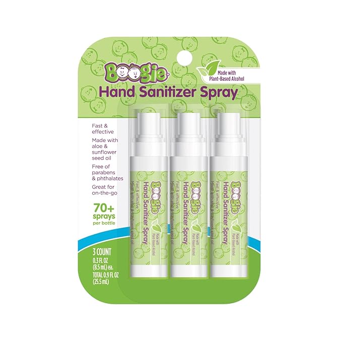 Boogie Kids Hand Sanitizer Spray for Babies &Toddlers, Great for Diaper Bags and Backpacks, Plant Based Alcohol, Made With Aloe & Sunflower Seed Oil, 3 Count (Pack of 1)