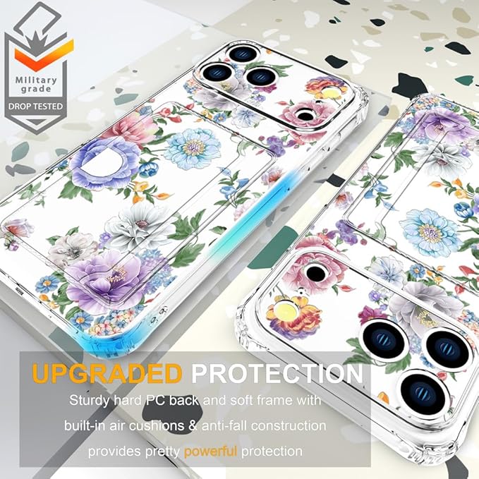 Compatible with iPhone 17 Pro Case Card Holder for Women Cute Design,Wallet Phone Cases Transparent Cool Kawaii Protective (Clear Amazing Lovely Flowers)