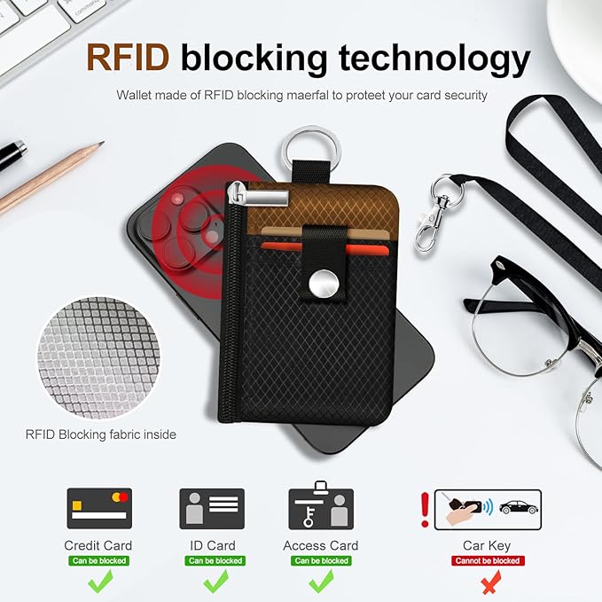 Minimalist RFID Blocking Small Wallet with ID Window,WaterResistant Zip Id Case Wallet with Lanyard Keychain for Cards,Cash,Travel,Women,Men (Black/Brown)