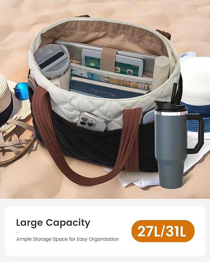 LOVEVOOK Puffer Tote Bag for Women, Puffy Work Handbag with Cup Holder, Travel Carry On Bag with Zipper for Teacher Nurse Gym