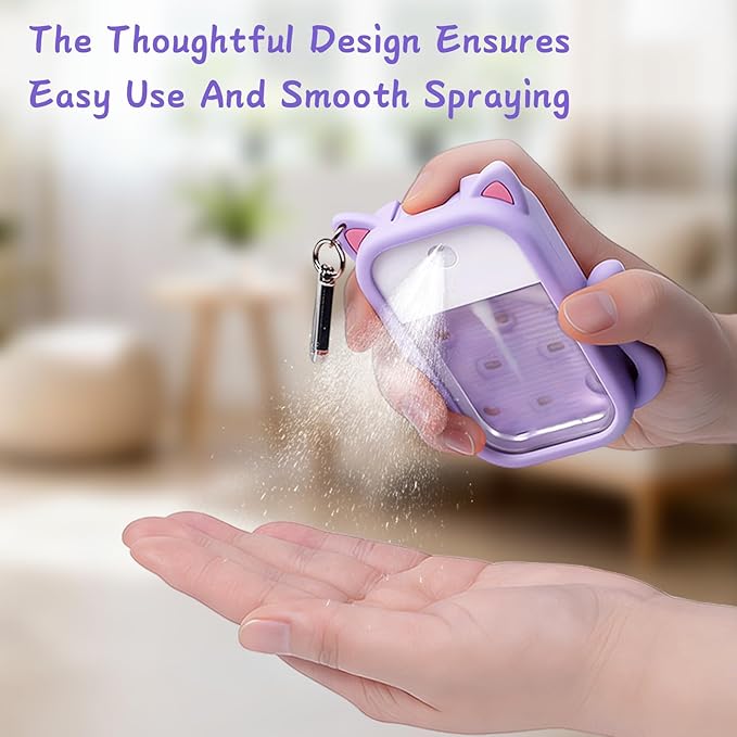 Cat Silicone Case with Keychain & 6 Accessories, Compatible with Touchland Hand Sanitizer Spray Power Mist 1 FL OZ/30ML, Featuring Croc-Style Decorative Holes (Purple)