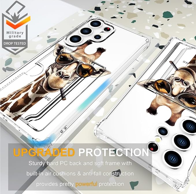 Compatible with Samsung Galaxy S24 Ultra Case Card Holder for Women Cute Design,Wallet Phone Cases Transparent Cool Kawaii Protective (Clear Giraffe Smoking Animal)