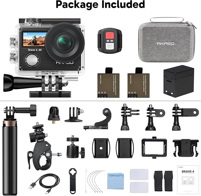 AKASO Brave 4 Action Camera with Selfie Stick Tripod and Carrying Case Bundle - 4K30 20MP Ultra Hd EIS 131ft Underwater Camera 5xZoom Dual Screen with Helmet and Bicycle Accessories Kit