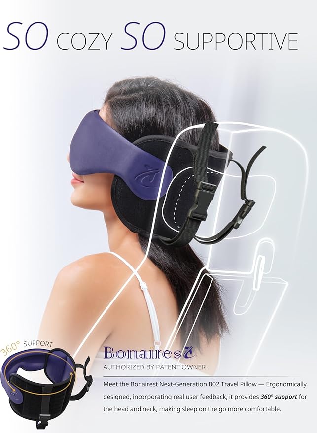 Travel Pillow, Airplane Pillow with 3D Eye Mask for Sleeping, Round Edge Plane Head Strap 360°Headrest Support for Long Flight, Stop Bobblehead, Travel Essential for Car Road Trip Purple