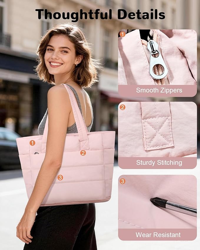 Expandable Puffer Tote Bag with Zipper for Women, Lightweight 15.6 Inch Laptop Work Tote Bag, Large Travel Tote Bags | Luggage strap, Lightweight, For 15.6 inch Laptop, Expandable, Multi-Compartments