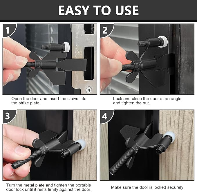 Upgraded Portable Door Lock Home Security Door Locker Privacy Perfect for Traveling Hotel Home Apartment College and Travel Lockdown Locks for Additional Safety, Pack of 2, Black