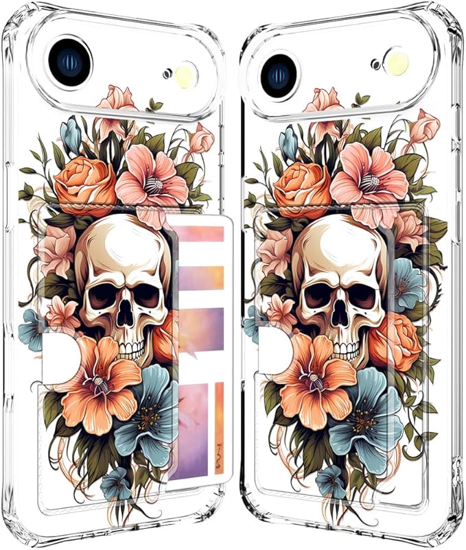 Compatible with iPhone 17 Air Case Card Holder for Women Cute Design,Wallet Phone Cases Transparent Cool Kawaii Protective (Clear Skull & Flowers)