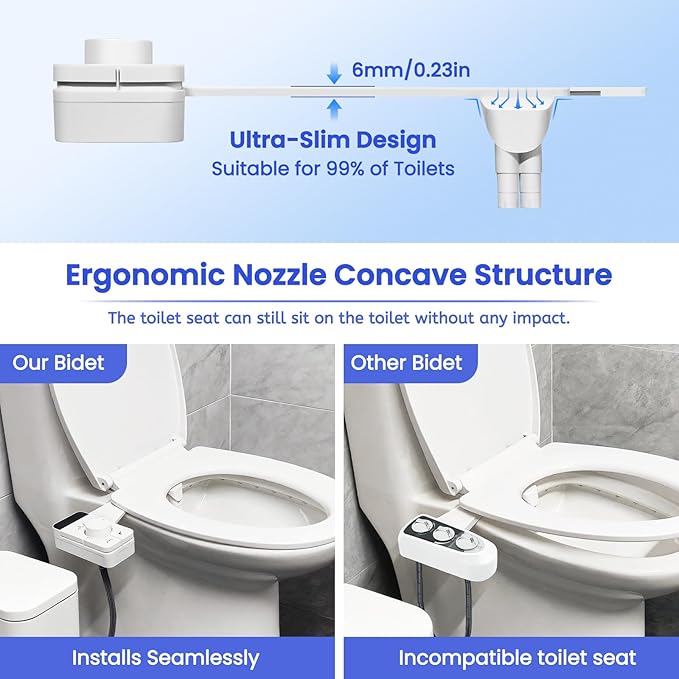 Ultra-Slim Bidet Attachment,Fresh Water Sprayer Non-Electric Toilet Bidet Attachment,Self-Cleaning Dual Nozzles with Adjustable Water Pressure for Rear & Female Washing